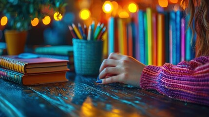 Woman's hand on wooden desk near books and pencils.
