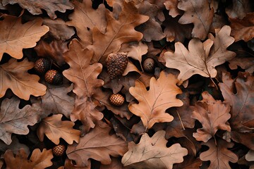 Autumn Leaves with Acorns on Dark Background