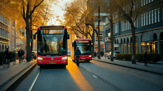 city bus traffic and cyclists on narrow street