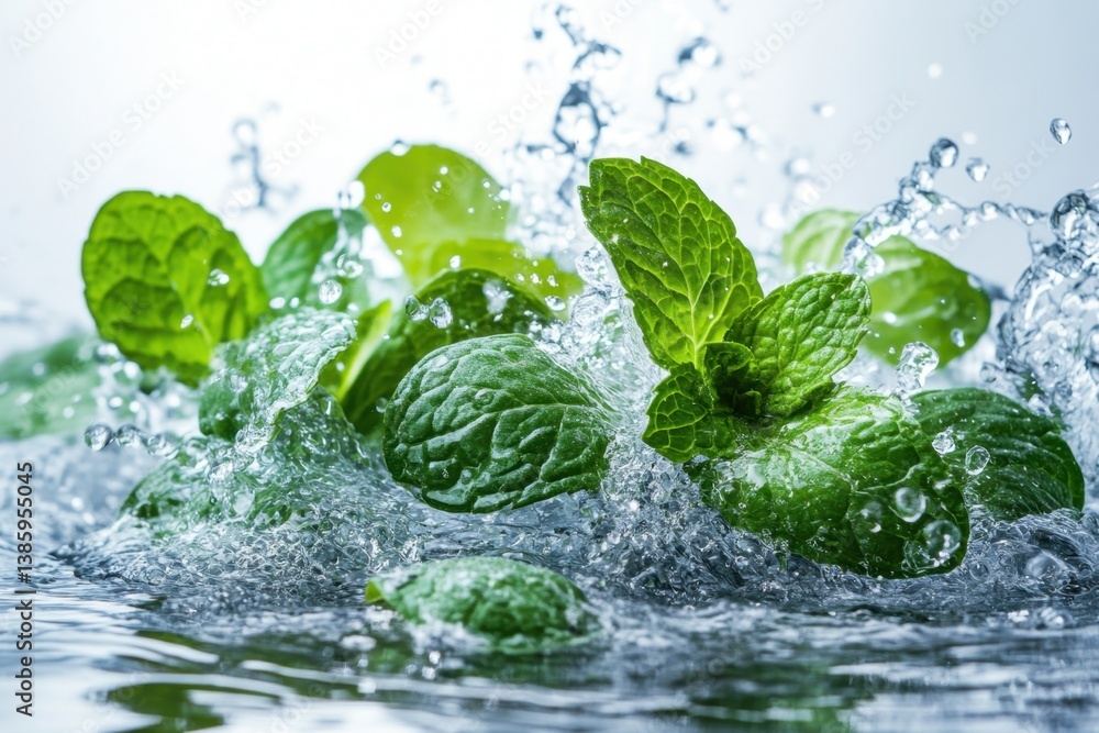 Poster fresh mint leaves in a splash of water creating a refreshing and vibrant image with a clean backgrou