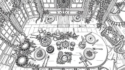 Fototapeta premium 8K black-and-white line art of a dining table viewed from above, filled with various foods and drinks. Highly detailed, adult coloring style. No text, people, or logos.