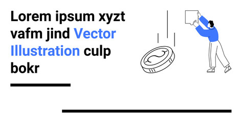 Person holding a box, large coin falling, and typographic design layout. Ideal for finance, economy, teamwork, productivity, concept creation, branding and simple landing page