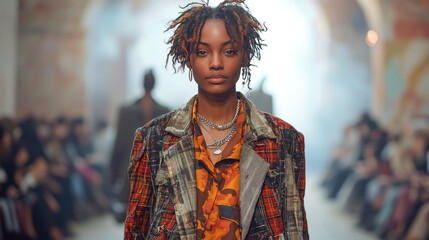 Fototapeta premium Fashion model with dreadlocks showcasing autumn/winter collection.