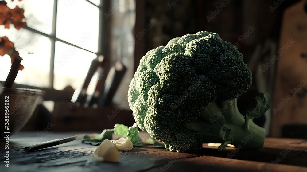 Poster fresh broccoli on a rustic wooden table with natural sunlight streaming through a window, creating a