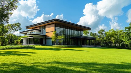 Fototapeta premium Contemporary modern house exterior amidst lush green grass in suburban neighborhood