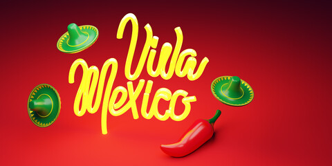Fototapeta premium Viva Mexico, traditional mexican phrase holiday illustration. 3d render.