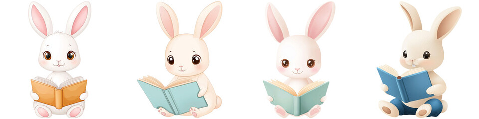 Obraz premium Cute cartoon animals and bunny friendly, Four cute cartoon rabbits are reading books, each featuring a different pose and book color.
