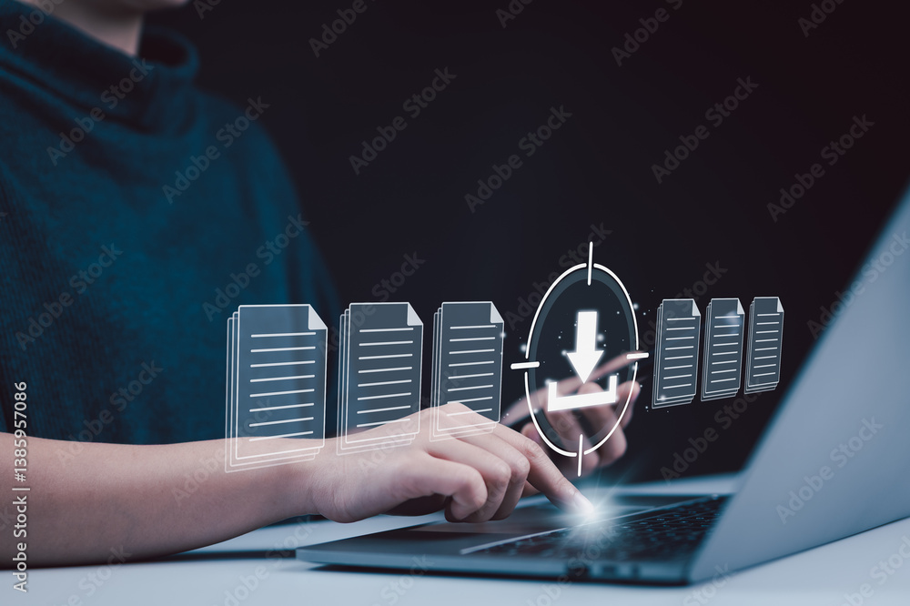 Poster file download and data transfer technology concept. woman using laptop and smartphone with digital f
