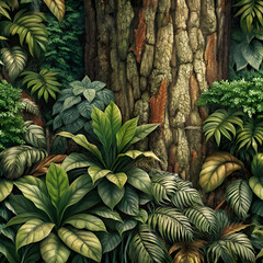 Obraz premium Jungle foliage with a textured tree trunk.