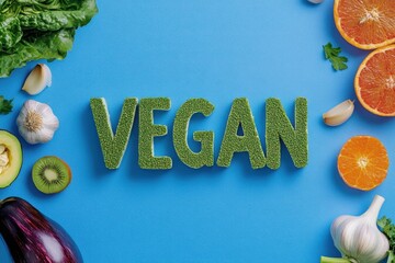 Vegan text surrounded by fresh fruits and vegetables on a vibrant blue colored background flat lay