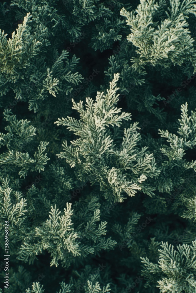 Poster aerial view of evergreen trees covered in frost creating a serene and natural winter scene with a mo