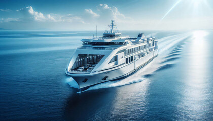 Obraz premium A large white ferry carrying passengers and vehicles, sailing across the sea under a bright blue sky, showcasing modern water transport and connectivity.