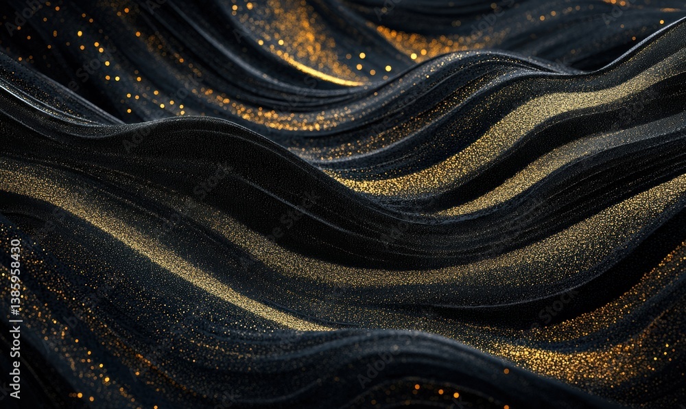 Poster abstract black and gold wave pattern with smooth flowing lines, rich tones creating a luxurious and 