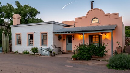 A beautiful stucco home with colorful architecture under blue sky