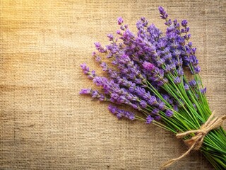 Pastel Lavender Bouquet on Burlap: Copy Space Stock Photo