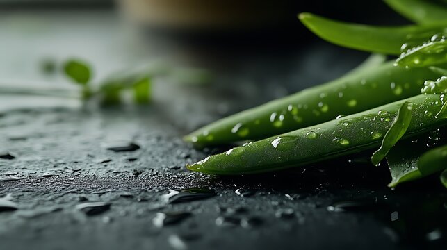 Fresh green aloe vera leaves with droplets on dark surface, creating a vibrant and refreshing aesthetic that highlights natural beauty and wellness