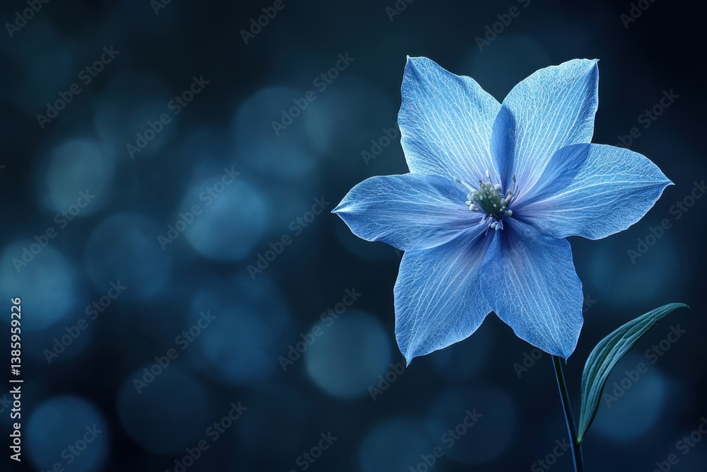 Poster captivating blue delphinium flower with delicate petals against a soft bokeh background in a serene 
