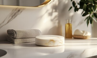 Luxurious marble soap dish placed on a smooth bathroom countertop, minimalist design and soft lighting emphasizing its elegance