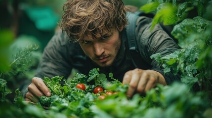 Man harvesting fresh tomatoes and greens in lush garden.