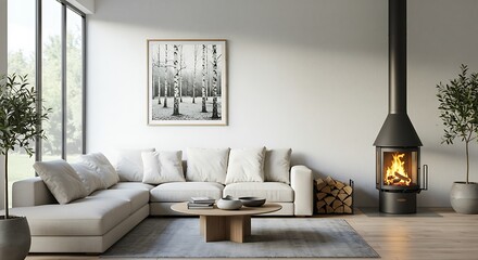 Elegant and inviting living room interior with fireplace and natural light