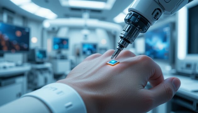 Extreme close-up of futuristic microchip insertion under skin using robotic tool in sterile high-tech lab environment Generative AI - Powered by Adobe