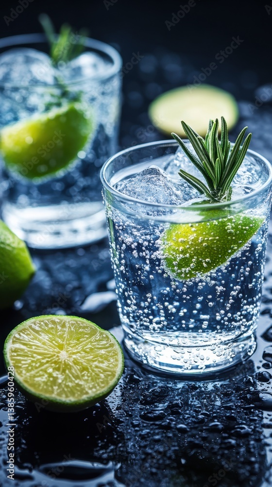 Poster refreshing gin and tonic with lime and rosemary on a dark wet surface in a close up shot with bubble