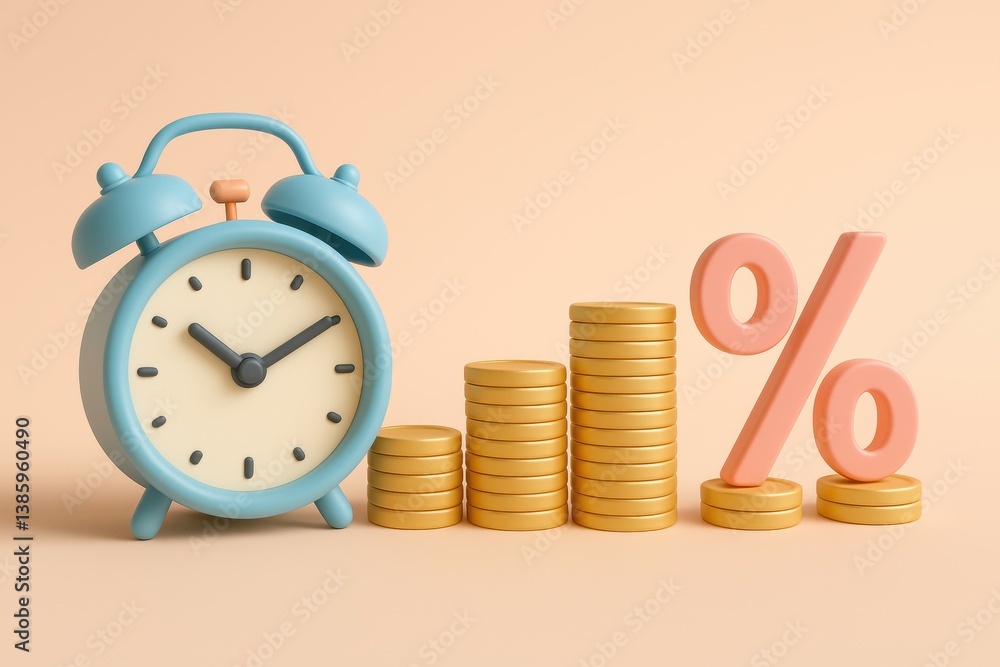 Poster clocking in on savings: the conceptual image of financial growth and time management features a cloc