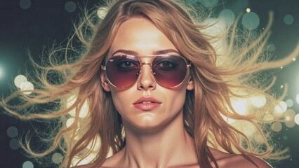 Fototapeta premium A woman with blonde hair and sunglasses is the main focus of the image