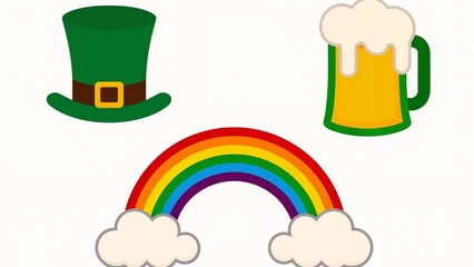 Fototapeta premium A set of three illustrations of a rainbow, a green hat, and a mug of beer.