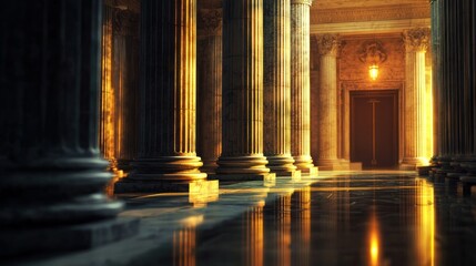 Golden Hour in Ancient Temple: Majestic Columns and Sunlit Reflections