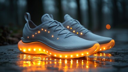 Illuminated athletic shoes with orange LED lights reflecting on wet ground at night.