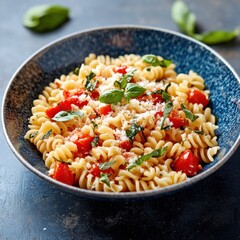 A vibrant pasta dish with tomatoes, basil, and parmesan cheese. Featuring flavor and simplicity
