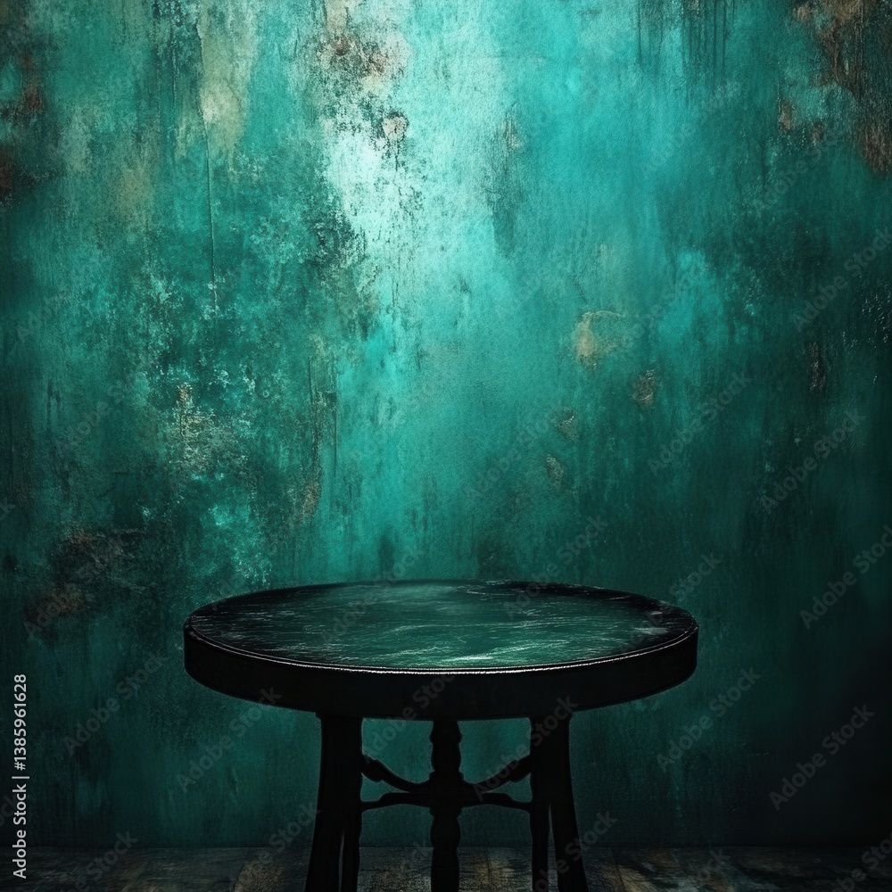 Poster moody teal textured wall backdrop with a round table for product display in a dark and dramatic sett