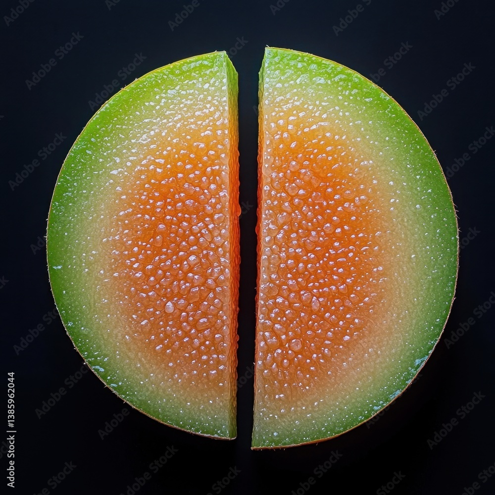 Poster sliced cantaloupe halves on a black background showcasing vibrant color and texture in a studio shot