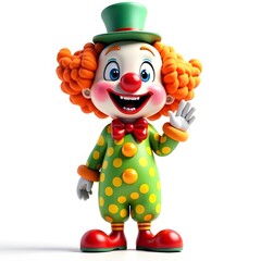 Cheerful Cartoon Clown in Green Polka Dot Costume with Red Bow Tie and Top Hat Waving