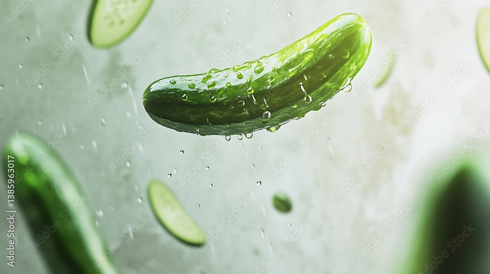 Poster fresh green cucumbers splashing in water with droplets creating a dynamic and refreshing atmosphere,