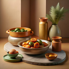Appetizing Asian Dish in Terracotta Bowls