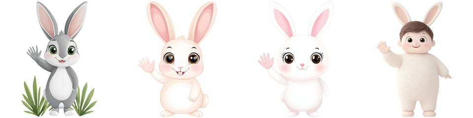Fototapeta premium Cute cartoon animals and bunny friendly, Four cartoon characters featuring rabbits and a child, each waving and displaying cheerful expressions.