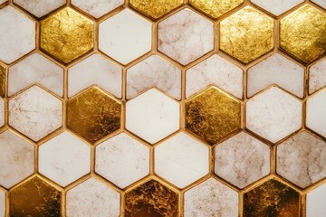 Fototapeta premium Elegant honeycomb pattern with alternating golden and marble tiles creating a luxurious and modern aesthetic design for interior decor