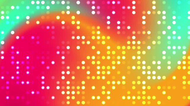 A bright, pixelated pattern of small dots forming a gradient with vibrant colors like pink, orange, yellow, and teal. The digital design and bold color palette create a lively and modern aesthetic, pe