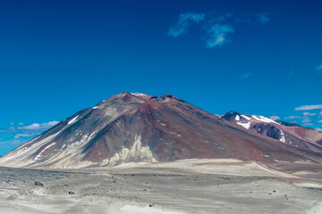 Atacama desert landscape in the Andes mountains of Chile in the Ojos del Salado area highest volcano on Earth. Dry arid desert soil and sand on the altiplano high altitude Andean palins South America