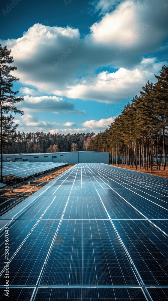 Aufkleber expansive solar panel array reflecting the sky under a dynamic cloudscape with trees lining the hori