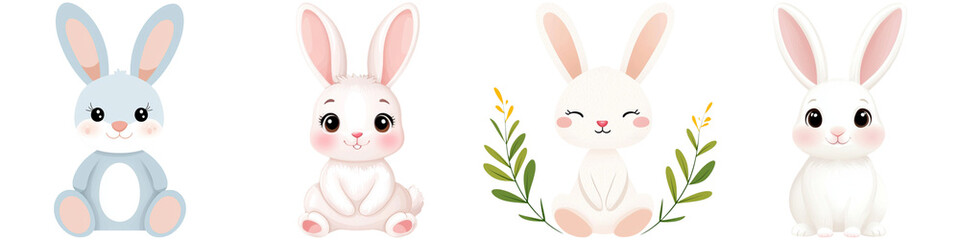 Obraz premium Cute cartoon animals and bunny friendly, Four cartoon rabbits in various poses, featuring different fur colors, expressions, and some adorned with greenery.