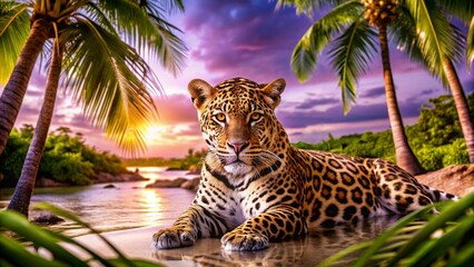 Stunning jungle beach lagoon with a jaguar, palm trees, and tropical leaves—perfect background scene