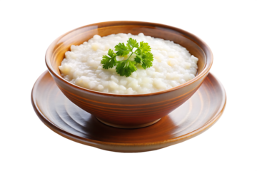 Bowl of rice porridge in a ceramic plate isolated on white background, clean healthy breakfast concept.