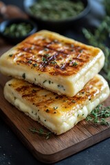 Golden grilled halloumi cheese squares stacked on wooden board with thyme garnish culinary delight
