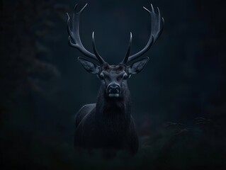 Naklejka premium A majestic stag with impressive antlers stares intently from the darkness.