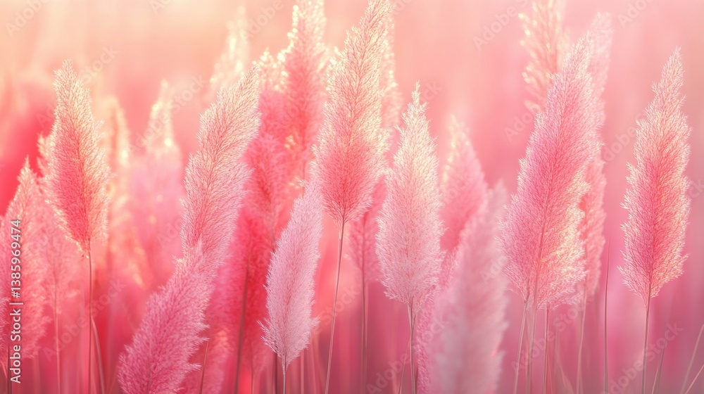Poster dreamy pink pampas grass field in soft sunlight creating a serene and romantic atmosphere with a sha
