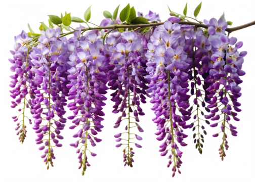 Hanging branch of purple wisteria flowers isolated on white background, ideal for wedding and floral themes.
