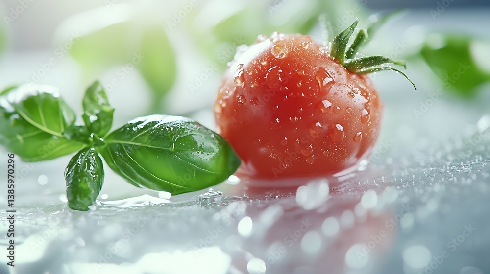 Poster fresh red tomato with water droplets resting on a smooth surface surrounded by vibrant green basil l